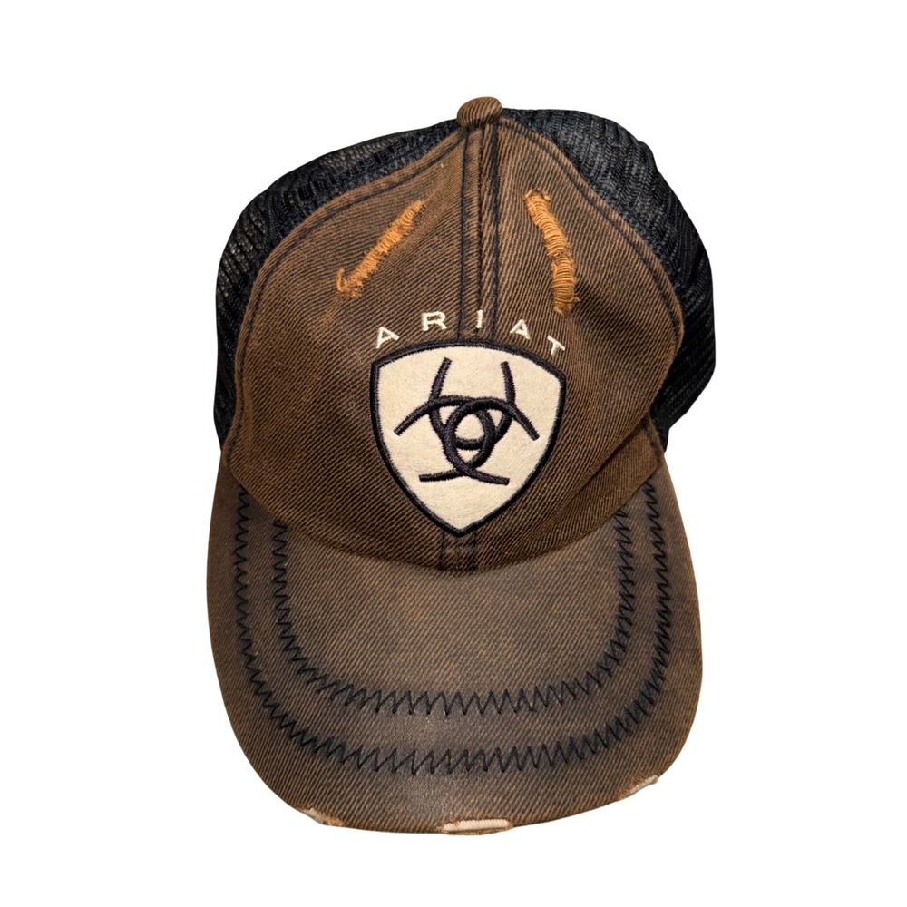 Ariat Trucker Hat Mens OSFA Brown Black Excellent Distressed Shield‎ Logo Cap